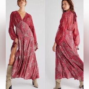 Free People Crimson Paisley Long Sleeve Dress